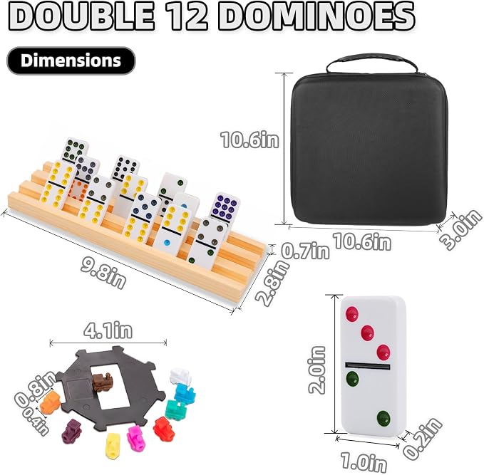 Doreimi Mexican Train Dominoes Set with 8 Wooden Holders, Double 12 Colored Dot Dominoes with Update Hub, Travel Domino Train Game with 91 Tiles and Portable Carry Case, Family Board Team Games