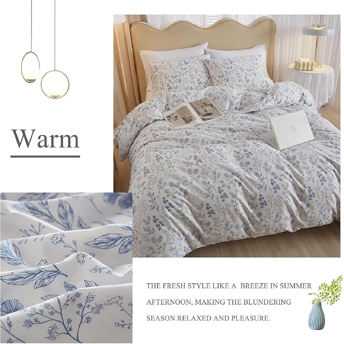 Vintage Flower Comforter Set King Blue Floral Bedding Comforter Cottagecore Flower Botanical Comforter Set Fluffy Soft Coquette Bedding King Size Lightweight Boho Floral Comforter with 2 Pillowcases