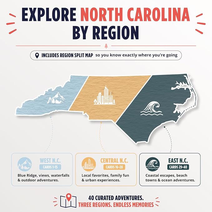 North Carolina Bucket List Scratch Off Cards - 40 Adventure Cards with Region Split Map, Hidden Gems, Scenic Escapes & Local Favorites - Travel Gift for Couples, Families, Friends & Tourists