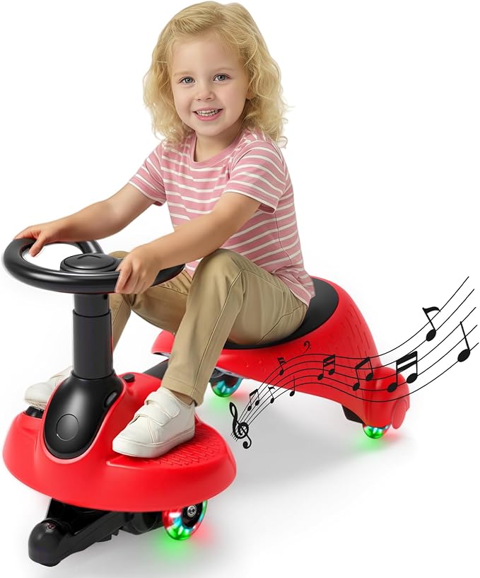 6V Electric Wiggle Car for Kids, 2-in-1 Ride On Swing Toy with Pedal, Adjustable Seat, 360° Steering, LED Flashing Wheels & Built-in Music, Anti-Rollover Ride-on Toy for Toddlers Ages 3+ Black