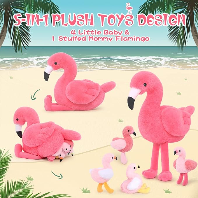 MorisMos Plush Flamingo Stuffed Animal-18 Inch Mommy Stuffed Flamingo with 4 Baby Bird Plush Toys Inside Zipper Tummy, Pink Bird Stuffed Animals Gift for Girl Women Decor Birthday Christmas Valentines
