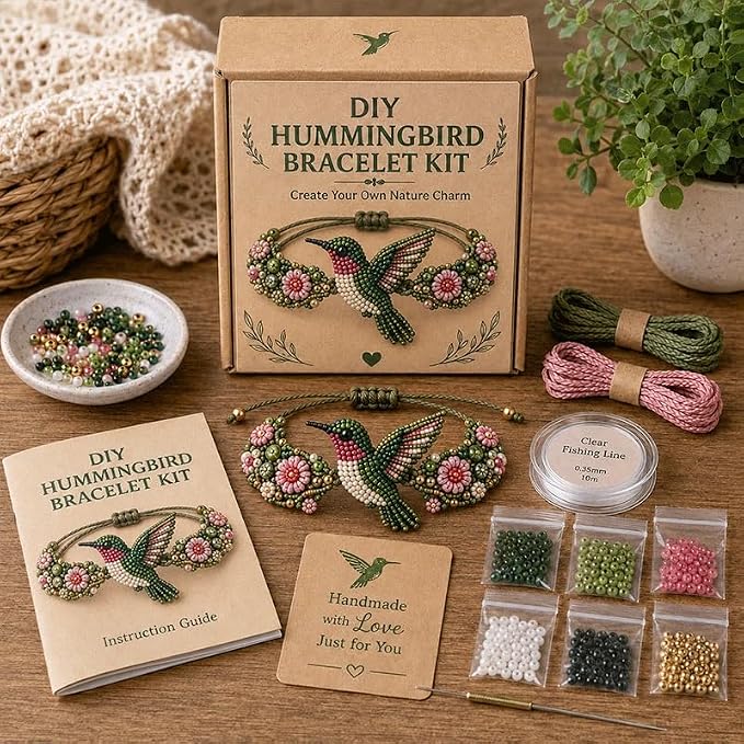 DIY Beaded Bracelet Making Kit, Beginner-Friendly Beaded Bracelet Animal Making Kit, Three-Dimensional Beadwork Jewelry Craft Kit with Full-Color Instruction Sheet, for Craft Lover (Hummingbird)