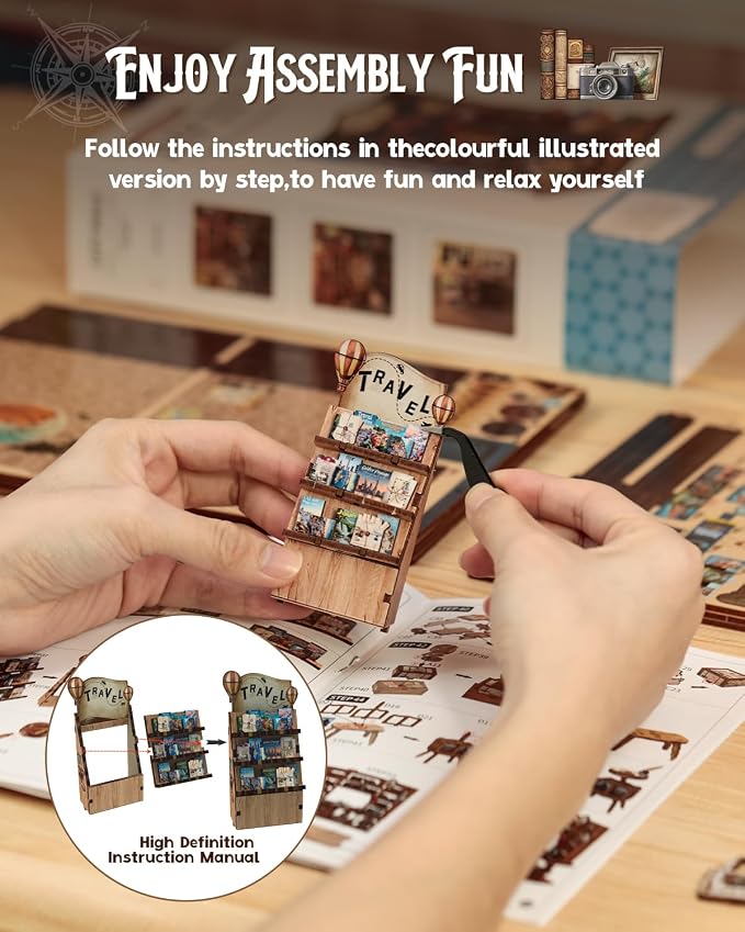 Cutefun Book Nook Kit - DIY Miniature Dollhouse Booknook Kit for Adults and Teens, 3D Wooden Puzzle Bookshelf Insert Decor with LED Light, Gifts for Book Lovers and Beginners (Journey Trace Bookshop)