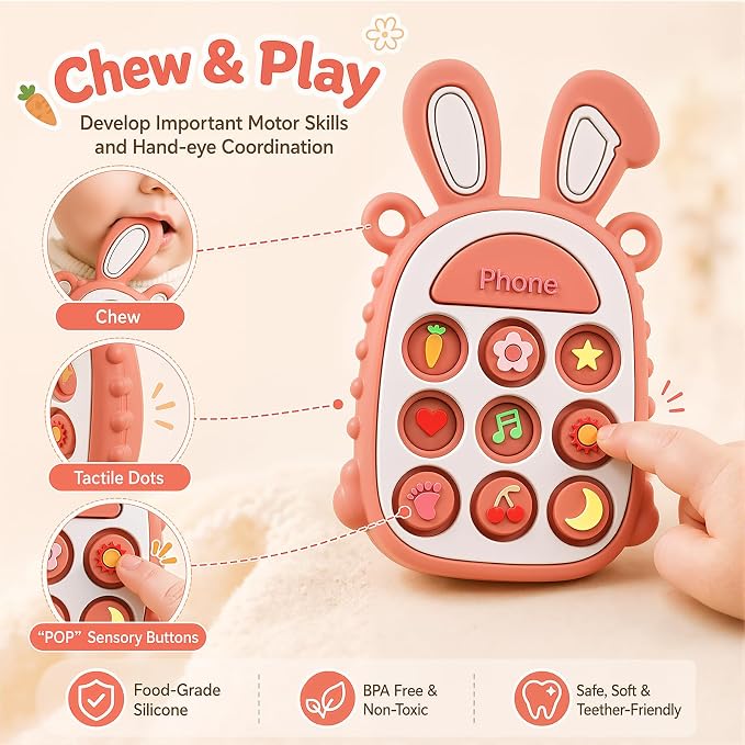 Press Phone Teether for Baby Girls, Soft Silicone Teething Toy, Sensory Toy | Teething Relief, BPA-free, Freezer, for Baby 3 Months+, Cute Rabbit Design with Textures and 9 Patterns, Press & Pop for Fun!