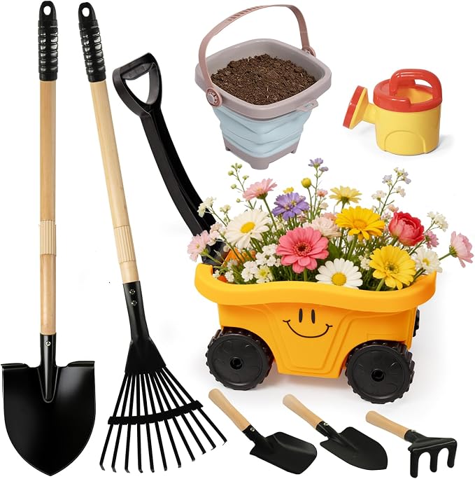Todders Wheelbarrow Gardening Set, Kids Rake and Shovel Set for Dirt Digging, Garden Tools Equipment for Yard Outdoor Sandbox Summer Beach Toys Gifts for Ages 2-5 Years