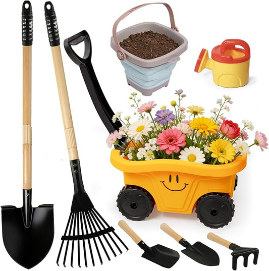 Todders Wheelbarrow Gardening Set, Kids Rake and Shovel Set for Dirt Digging, Garden Tools Equipment for Yard Outdoor Sandbox Summer Beach Toys Gifts for Ages 2-5 Years