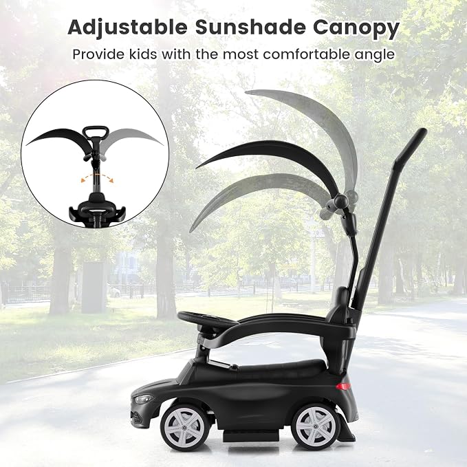 OLAKIDS Push Car for Toddlers, 3 in 1 Licensed Mercedes Benz Baby Sliding Walking with Parent Control Handle Adjustable Canopy Guardrail Under Seat Storage, Kids Ride on Toys with Horn (Dark)