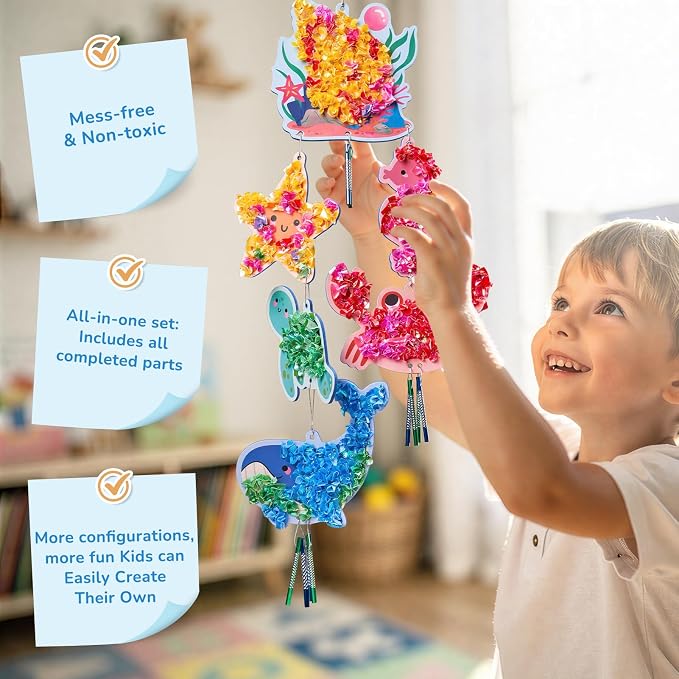 JoyCat Poke-in Wind Chime Craft Kit for Kids, 3D Sea Creature DIY Set with Audible Wind Chime Pieces, 6 EVA Ocean Figures, Mess-Free Creative Activity, Arts and Crafts & Birthday Gift for Kids Age 3+