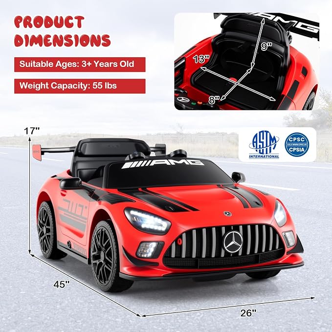Costzon Ride on Car, 12V Licensed Mercedes-AMG GT3 Kids Car with Remote Control, 3 Speeds, LED Lights, Music, Wireless, Transport Wheels & Soft Start, Electric Vehicle for Toddlers Aged 3+ (Red)