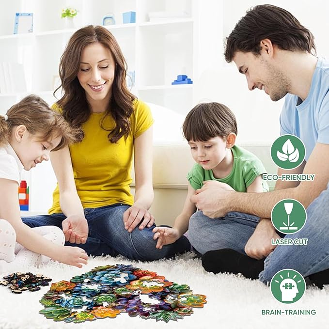 Mys Aurora Heart Puzzle Gifts,FSC Certified, 200 Pieces Succulent Wooden Puzzles for Adults, Unique Shaped Plant Puzzles,Brain Teaser Flower Puzzle Game Medium 11.7'' x 11.2''