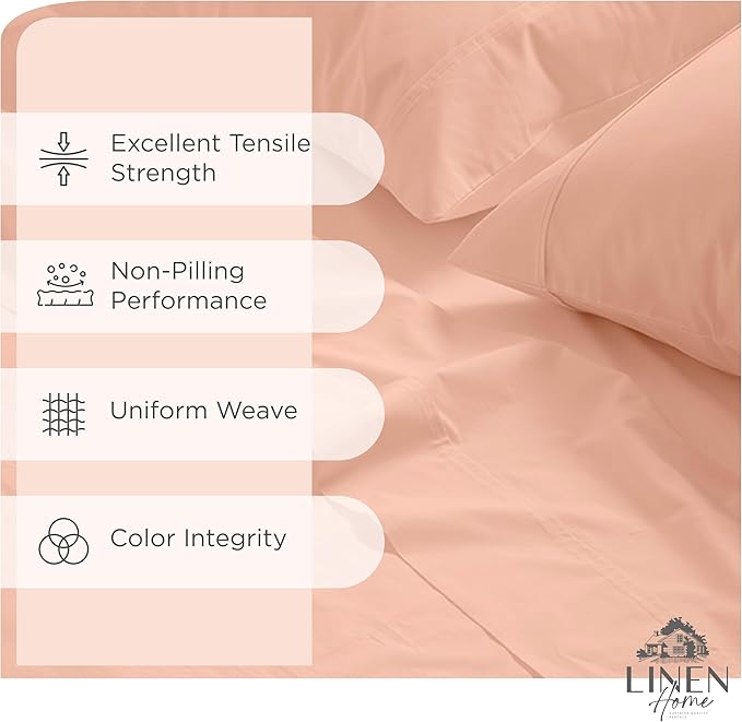 Linen Home 100% Cotton Percale Sheets King Size, Tropical Peach, Deep Pocket, 4 Pieces Set- 1 Flat, 1 Fitted and 2 Pillowcases, Crisp Cool and Long Staple Strong Bed Linen