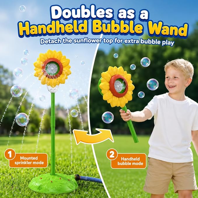 Sunflower Water Sprinkler with Bubble Machine, 4-in-1 Outdoor Sprinkler Toy for Kids with Bubbles, Lights and Music, Garden Hose Splash Toy for Backyard and Summer Parties(Sunflower)