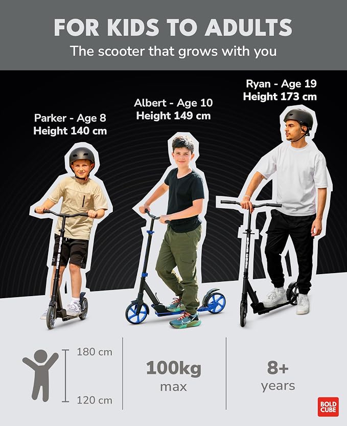 BOLDCUBE Big 2 Wheeler | Scooter for Kids & Teens Ages 7+ Years | Play & Commute | Front Suspension Fit with 200MM Wheels | Height Adjustable 86 to 111 cm