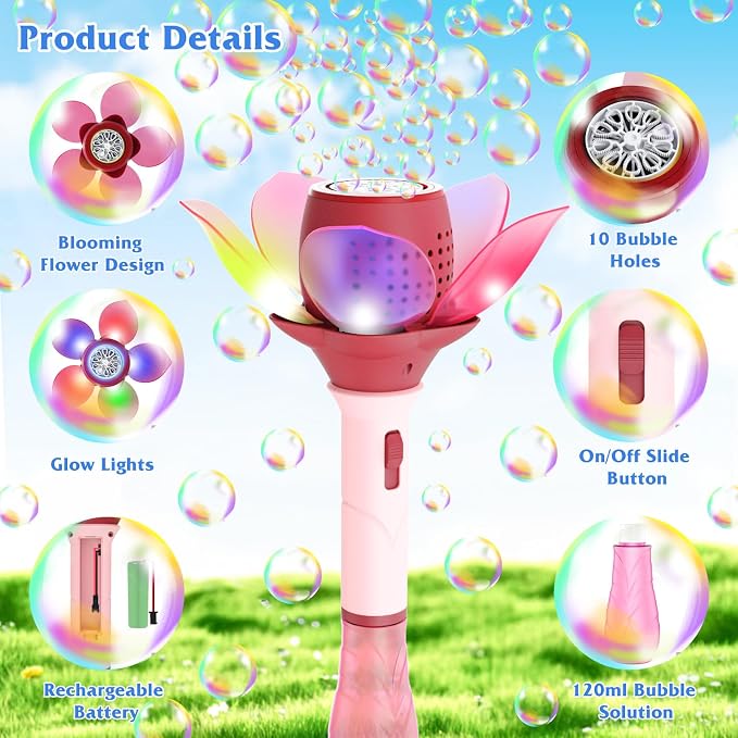 Panamalar Electric Bubble Wand for Kids, Light Up Automatic Bubble Machine Blower with Lights/10000+ Bubbles/120ml Solution, Rechargeable Flower Bubble Wand Maker Toys for Outdoor Party Wedding