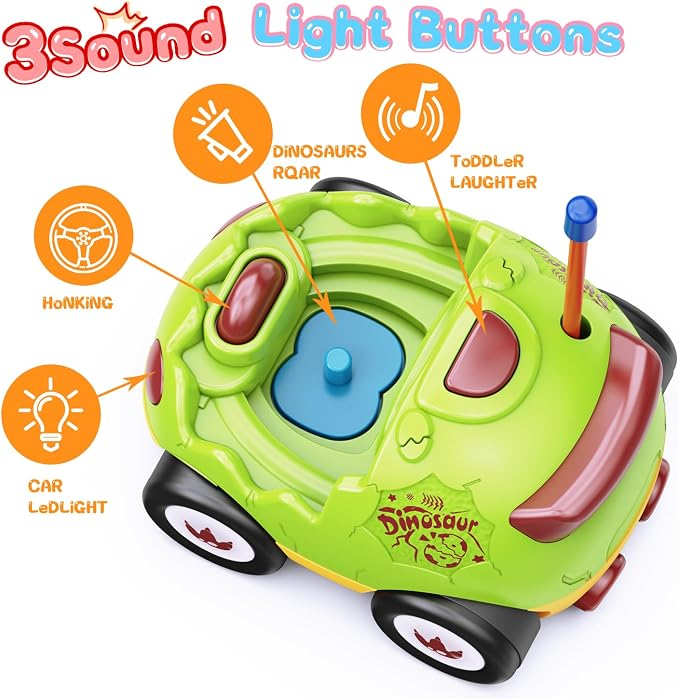 Kidz do 2 Pack Dinosaur Toys Remote Control Cars for Toddlers Ages 2 3 4 5, Christmas Birthday Gifts for 2-5 Year Old Boys, Dinosaur RC Car Toys with Music and Lights (Green Blue)
