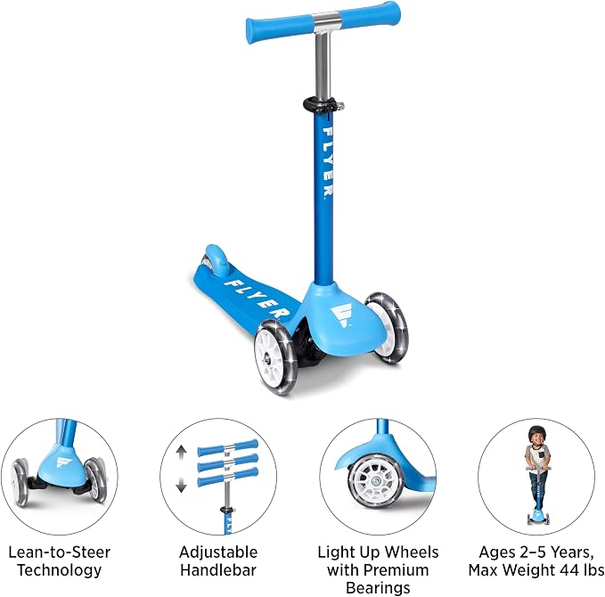 Radio Flyer Glider Jr. Scooter with Light Up Wheels, Blue, for Kids 2-5 Years Old, Lean-to-Steer, Adjustable Handlebar, Rear Foot Brake, Smooth Bearings, Comfort Grips, 3 Wheel Scooter for Kids