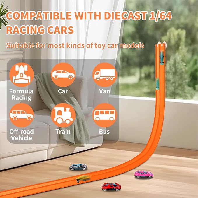 Flex Track Race Set for Kids, 15FT Starter Set Car Track with 4 Suction Cups and 6 Diecast 1/64th Cars - STEM Racing Toy for Boys & Girls Ages 3+ (Upgrade Orange) (Orange)