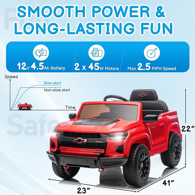 Winado Licensed Chevrolet Colorado Electric Car for Kids, 12V Ride on Toys for Toddlers with Remote Control, Battery Powered Electric Car Ride On Vehicle w/Bluetooth, Soft Start, LED Lights - Red