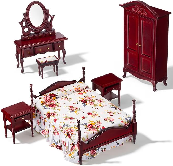 Skylety 7 Pcs Victorian Dollhouse Furniture Set 1: 12 Scale Wooden Mini House Bedroom Furniture and Accessories, Bed Dressing Table Wardrobe Carpet for Adults Toy Gift Miniature Doll House Accessories