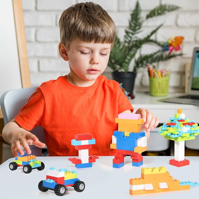 1000 Pieces Building Bricks, Classic Building Bulk Blocks for Kids with 12pcs Wheels Accessories, Windows, Doors, 2 Packs Studs Sticky Plate, Compatible with All Major Brands, Gfits for Kids