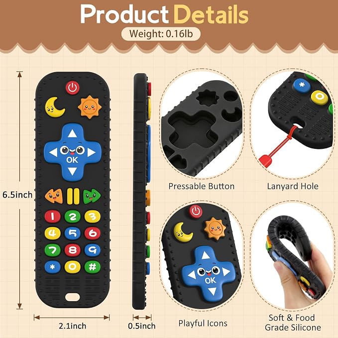 Baby Teething Toys Silicone Baby Remote Teether Over 3 Months - Baby Essentials Sensory Chew Toys - Baby Teether for Teething Relief - BPA Free Infant Toys Baby Shower Gifts (1, Black)