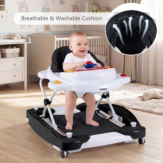 INFANS Baby Walker, 5 in 1 Behind Walker Learning Seated Rocker Bouncer with Removable Music Tray, Adjustable Height, Washable Seat Cushion, Foldable Activity Center for Toddlers (Dark)