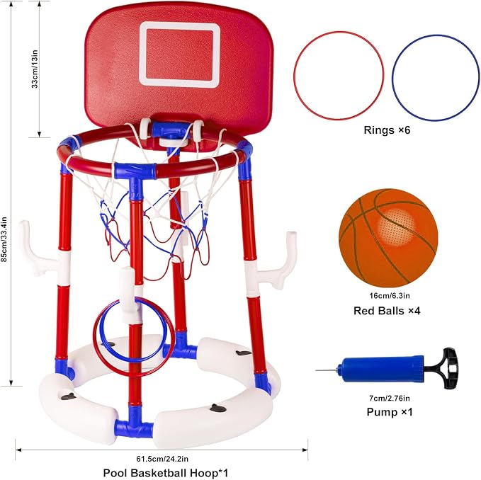 2-in-1 Floating Pool Basketball Hoop, Stable Water Basketball Hoop with Backboard, Basketball Hoop & Ring Toss Pool Games, Summer Fun & Outdoor Family Birthday Pool Toys for Kids & Adults