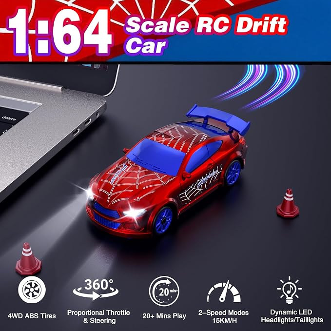 Mini RC Drift Car 1:64 Scale, Remote Control Car with LED Lights & 2-Speed Modes, 2.4GHz Stunt Drifting RC Toys with 4 Obstacles, Hobby Gift for Kids & Adults, Red