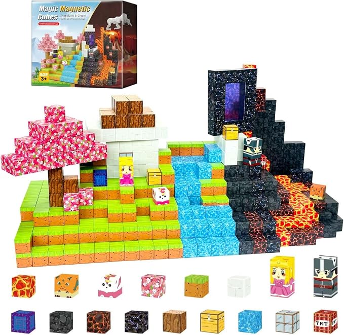 Magnetic Building Blocks 100PCS, Lava Volcano Themed Magnetic Cubes Set for Kids Ages 3+, STEM 3D Magnet Tiles Educational Construction Toys Sensory Montessori Stacking Blocks Gifts for Girls Boys
