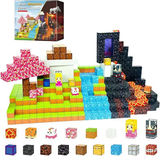 Magnetic Building Blocks 100PCS, Lava Volcano Themed Magnetic Cubes Set for Kids Ages 3+, STEM 3D Magnet Tiles Educational Construction Toys Sensory Montessori Stacking Blocks Gifts for Girls Boys