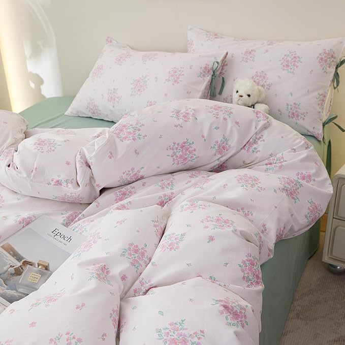 Aesthetic Floral Comforter Set Full Size, 3 Pieces Pink White Cottagecore Comforter Floral Bedding Set, Lightweight Vintage Botanical Flowers Comforter with 2 Bow Ties Pillowcases for Girls Women