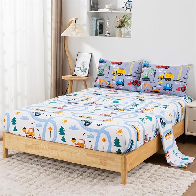 Holawakaka Trucks Tractors Cars Boy Bedding Comforter Set with Sheets, Twin Size Cartoon Construction Car Excavator Print Kids Bed in A Bag 5-Piece, Boys Reversible Dorm Bed Sets (Red Twin)