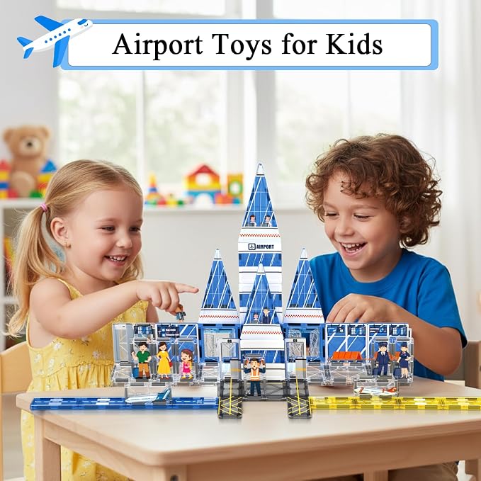 AFUNX Magnetic Tiles, 54PCS Airport Theme Building Blocks Set, Magnet Building Blocks and STEM Preschool Educational Toys for Kids Toddlers Ages 3-5 5-7 8-10
