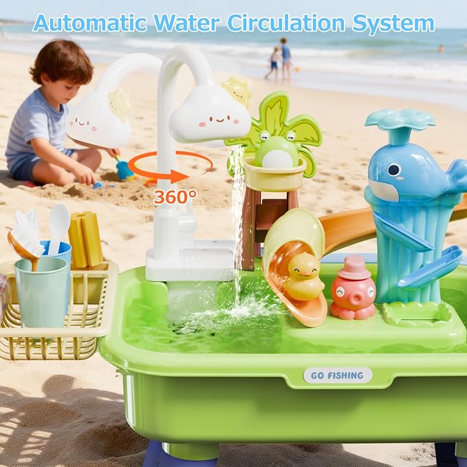 Sand and Water Table Toy for Toddlers, 22 Piece Toy Accessories, 4L Large Capacity Basin, Fishing Game/Kitchen Sink Toys, Perfect Summer Gift for Kids Ages 3-8 (Green)