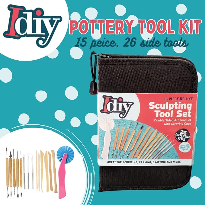 Pottery Tool Starter Kit- 15-Piece 26-Tool Beginner's Clay Ceramics Modeling Carving Sculpting Set- Arts & Crafts School Project, w Carrying Case, Birthday Gift for Kids, Gift Set for Artists
