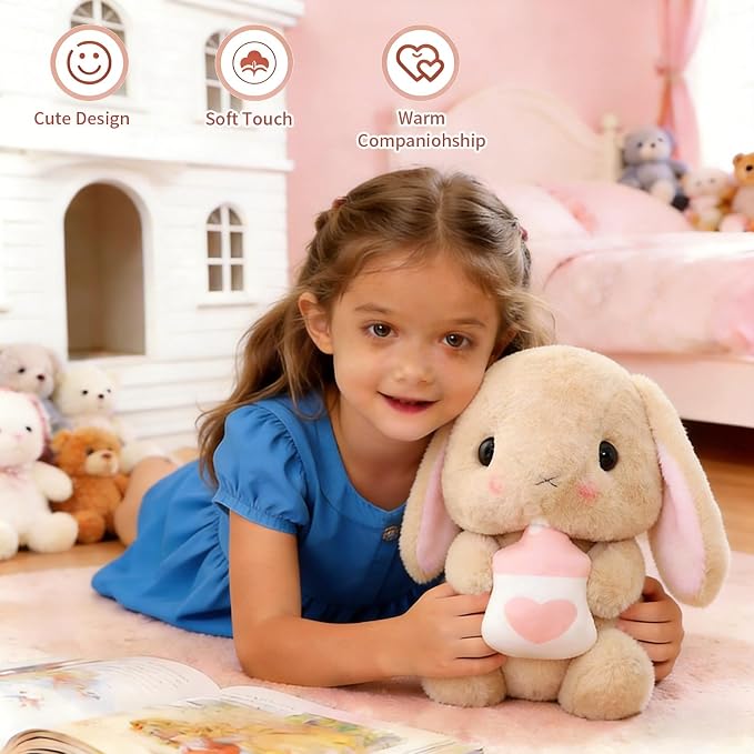 HOUPU Soft Toy - Sitting Lop Eared Rabbit, Easter White Rabbit Stuffed Bunny Animal with Carrot Soft Lovely Realistic Long-Eared Standing Pink Plush Toys (Brown-Milk Bottle,12.5in/32cm)