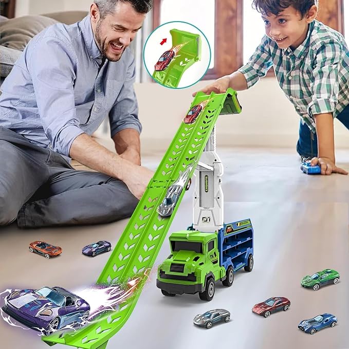Toddler Car Truck Toys,Car Carrier Truck Toys for Kids Age 3-5 4-8,Foldable Car Track Sets with 2.8-Ft Race Track and 6 Die-Cast Race Cars, Truck Toys Gifts for 3 4 5 6 7 8+ Year Old Boys Girls(Green)