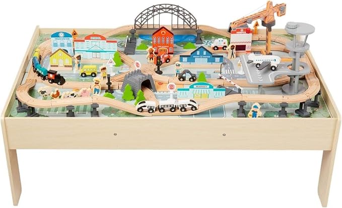 Amazon Basics 120 Piece Wooden Train Set with Activity Table, Sturdy Tracks, Storage Bin, Easy to Assemble, Kids Gift for Age 3Y+, 47.44 x 33.46 x 16.14 in