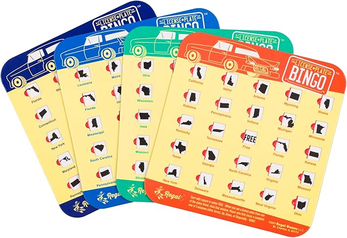 Regal Games Finger-Tip Shutter Bingo Cards with Sliding Windows - License Plate & Bingo Travel Game Set for Adults & Kids - Reusable, No Chips & Daubers Needed - 4 Packs - Yellow