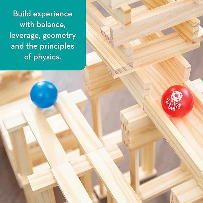 MindWare KEVA Contraptions, Wooden Blocks Building Set, Marble Run Kit, Includes 2 Balls - 200 Planks
