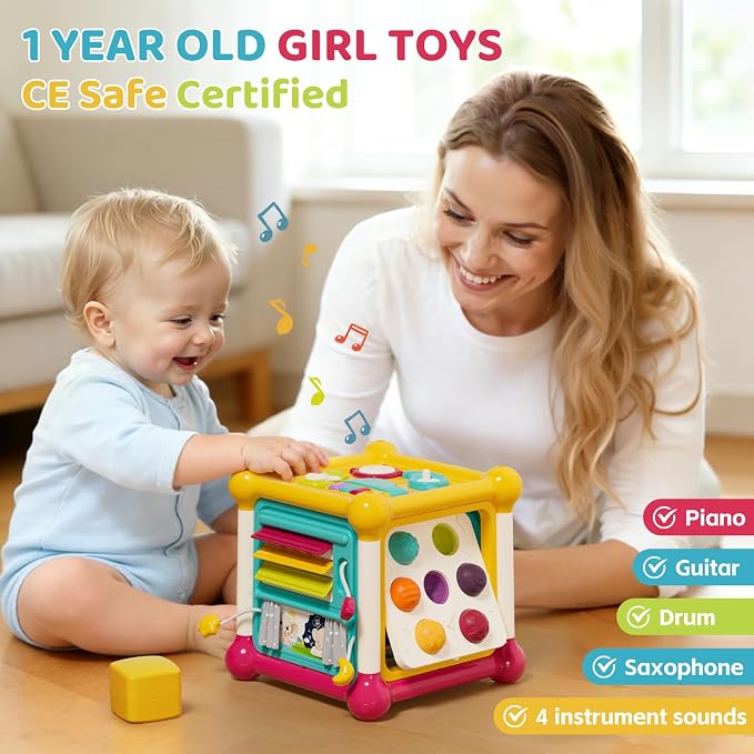 Baby Activity Cube, 12-in-1 Educational Early Development Toy with 4 Sensory Shape Blocks, Music Busy Board, Montessori Toys for 1 2 Year Old, Birthday Gift for 1 Year Old