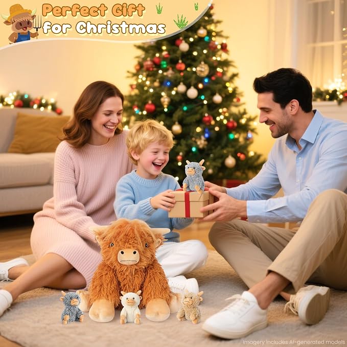 SuzziPals 5-in-1 Highland Cow Stuffed Animals with Babies Inside, 5PC Set Highland Cow Plush Mommy & 4 Babies, Soft Plushies Decor, Cute 3 to 8 Year Old Girl Gifts, Imaginative Play Toy (Cows)