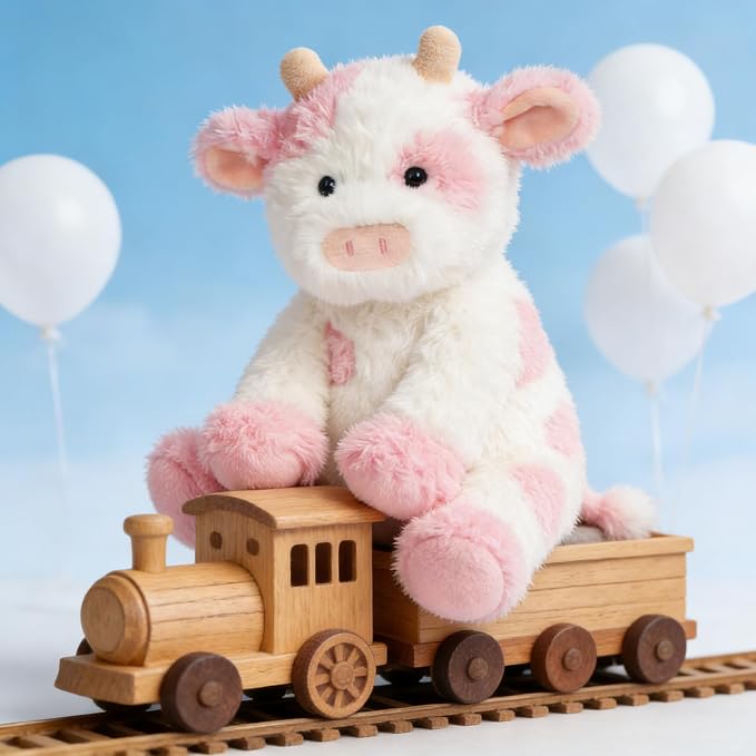 Hopearl Adorable Plush Cow Toy Floppy Dairy Cattle Soft Kawaii Stuffed Animal Cute Birthday Holiday Gift for Boys Girls Kids Toddlers, Pink, 9''