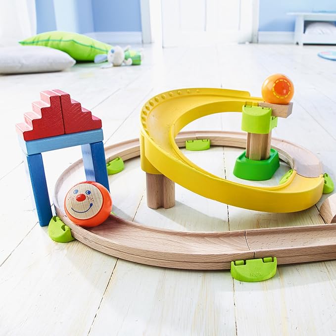 HABA Ball Run - Kullerbu Spiral Track, 26 Piece Wood & Plastic Marble Run Set with Wild Curves & Bell for Kids 2-6, STEM Toy Marble Maze Building Set