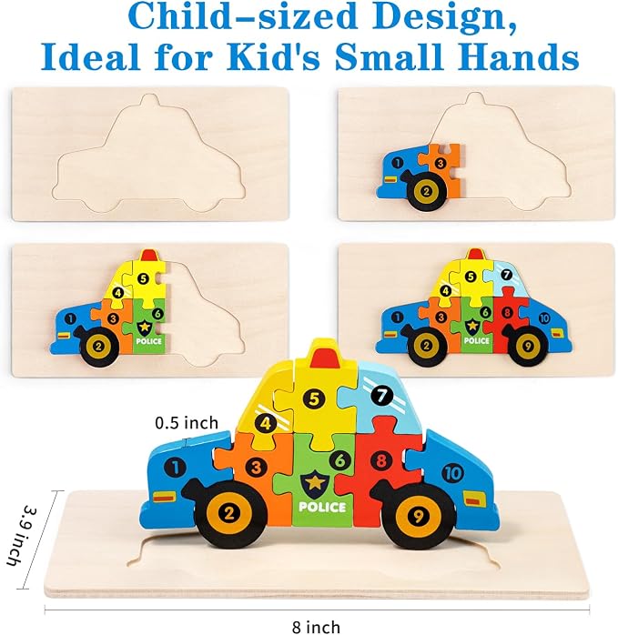 Wooden Puzzles for Toddlers Ages 3-5, 6 Pack Montessori Transportation Vehicle Toys with Numbers 1-10, Educational Preschool Learning Toy, Birthday Gift for 3 4 5 Year Old Boys & Girls (60 Pieces)
