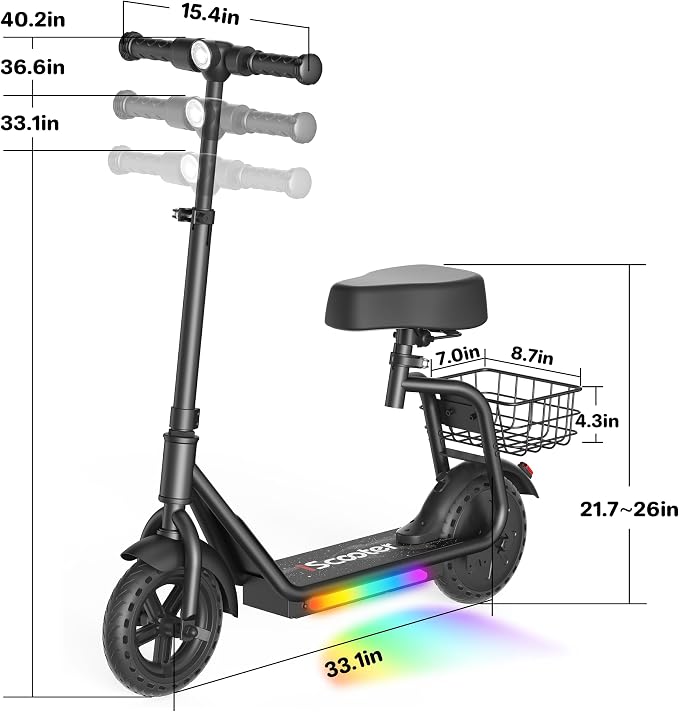 iScooter 2-in-1 Kids Electric Scooter ik7,Up to 12mph&10Miles Range，250W Motor, Headlight & Brake Taillight, Removable Seat&Basket, Smart App Parental Control,Electric Scooter for Kids Ages 10-14