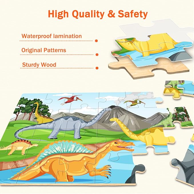 Puzzles for Kids Ages 4-6,24 Pieces Wooden Puzzles for Toddlers Ages 3-5 4-8 3 4 5 6 3-4 Year Olds.4 Pack Dinosaur Puzzle Set Children Jigsaw Puzzles for Boys and Girls Educational Learning Toys