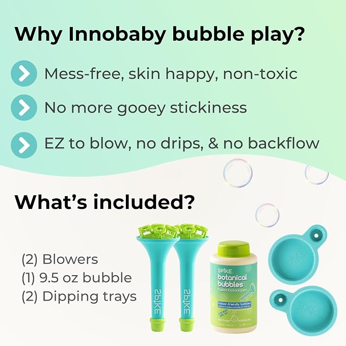 Innobaby Spike Mess Free Botanical Bubbles w/ 2 EZ Blow Wands & Trays -Aqua