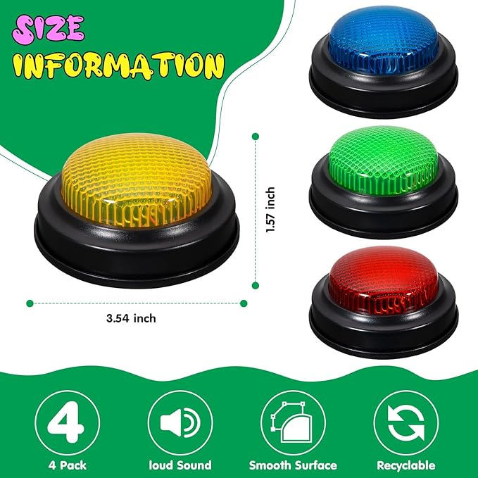 Set of 4 Trivia Game Buzzers with Lights & Sound, Family Feud & Jeopardy Quiz Buttons for Classroom, Party Games, Red/Blue/Yellow/Green