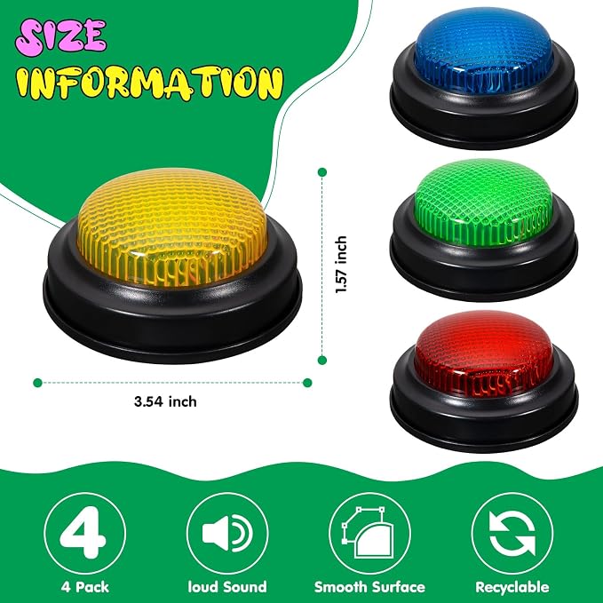 Set of 4 Trivia Game Buzzers with Lights & Sound, Family Feud & Jeopardy Quiz Buttons for Classroom, Party Games, Red/Blue/Yellow/Green